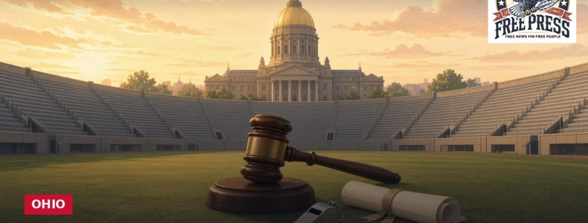 Fostoria News Gavel and legal document on a stadium field at sunset.